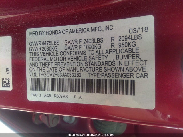 2018 HONDA ACCORD SEDAN EX-L 2.0T VIN: 1HGCV2F53JA033262