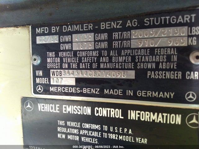 1982 MERCEDES-BENZ 380 SL VIN: WDBBA45A4CB014098