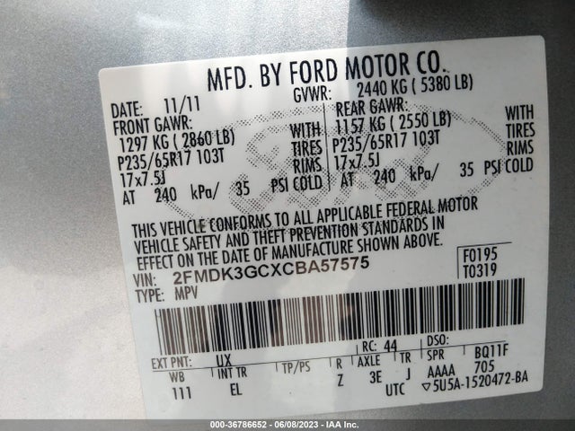 2012 FORD EDGE SE VIN: 2FMDK3GCXCBA57575