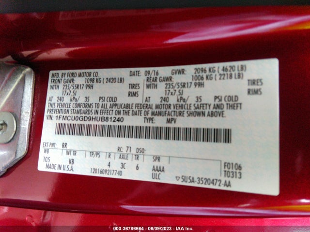 Ford ESCAPE SE 2017 1FMCU0GD9HUB81240 Image 9