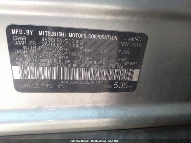 2020 MITSUBISHI ECLIPSE CROSS ES VIN: JA4AS3AA2LZ023264