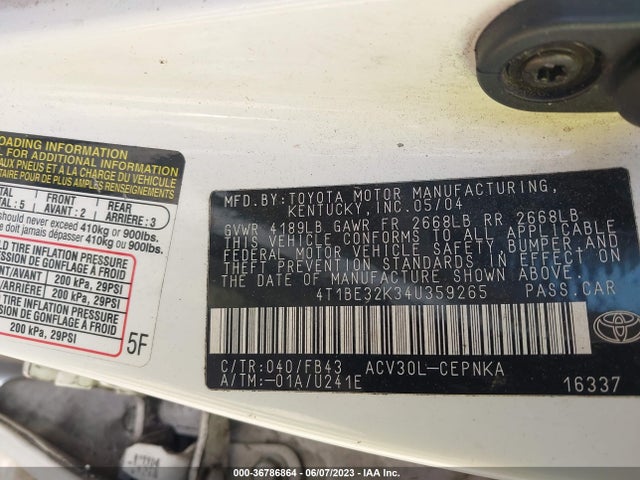 2004 TOYOTA CAMRY LE/SE/XLE/STD VIN: 4T1BE32K34U359265