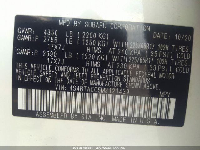 4S4BTACC5M3121439 Subaru Outback Premium