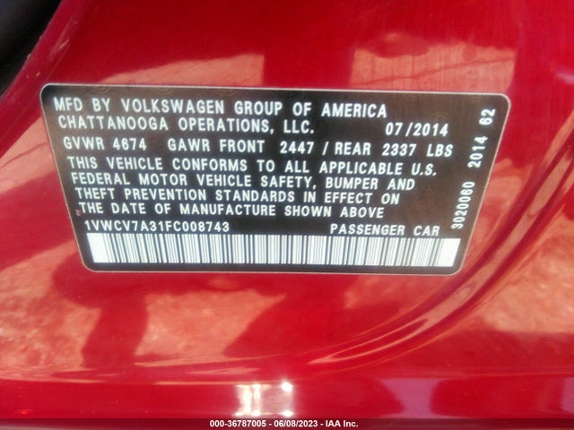 1VWCV7A31FC008743 Volkswagen Passat 2.0l Tdi Sel Premium