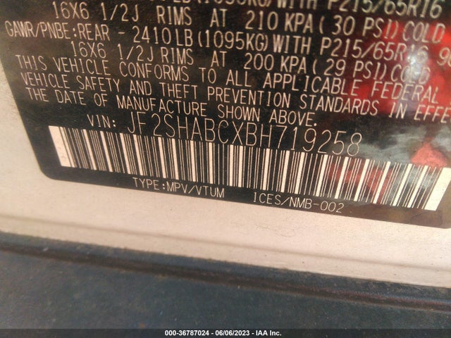 2011 SUBARU FORESTER 2.5X VIN: JF2SHABCXBH719258