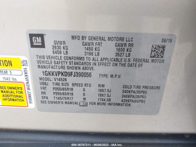 1GKKVPKD9FJ390056 GMC ACADIA SLE