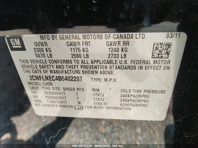 2011 CHEVROLET EQUINOX LT W/2LT VIN: 2CNFLNEC4B6402207
