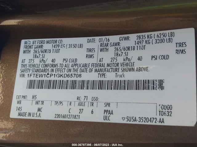 1FTEW1CP1GKD65708 Ford F-150 Xl/lariat/xlt