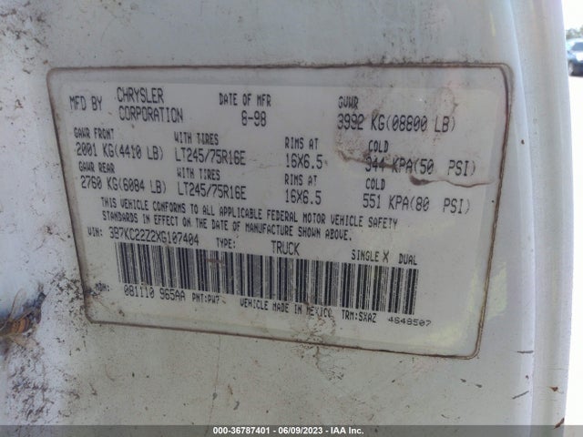 1999 DODGE RAM 2500 VIN: 3B7KC22Z2XG107404