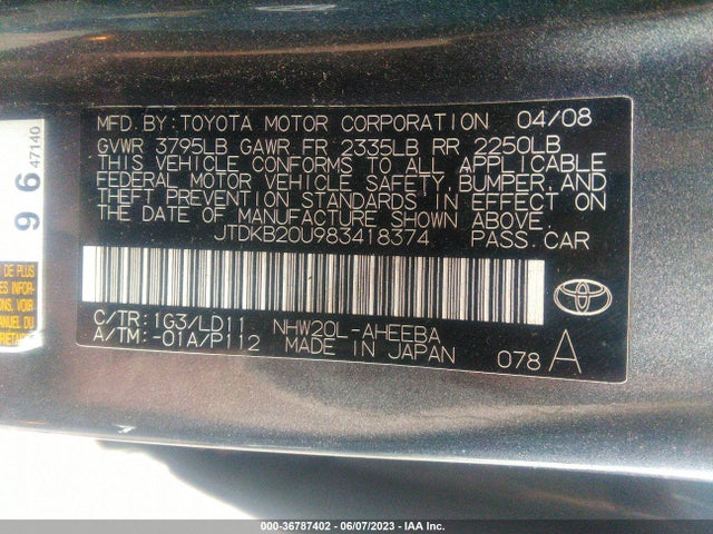 2008 TOYOTA PRIUS VIN: JTDKB20U983418374