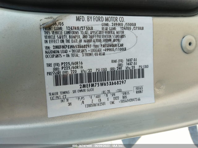 2005 MERCURY GRAND MARQUIS LS PREMIUM VIN: 2MEFM75W65X668297