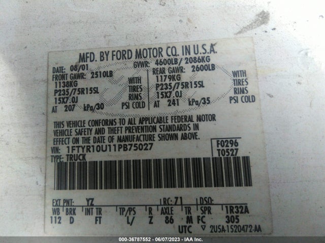2001 FORD RANGER XL/XLT VIN: 1FTYR10U11PB75027