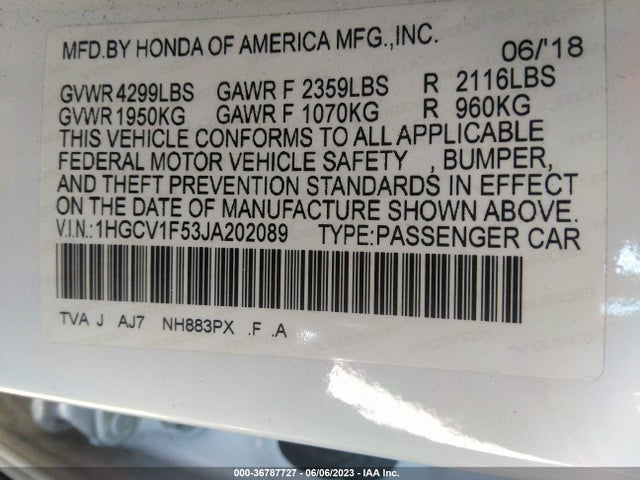 2018 HONDA ACCORD SEDAN EX-L 1.5T VIN: 1HGCV1F53JA202089