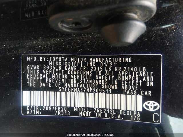 2021 TOYOTA COROLLA LE VIN: 5YFEPMAE7MP209511