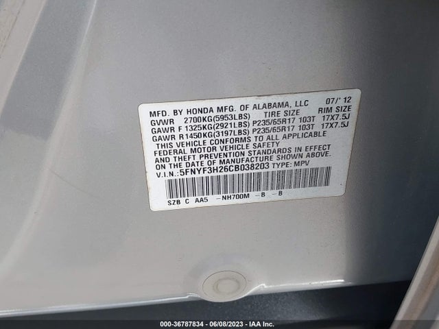 2012 HONDA PILOT LX VIN: 5FNYF3H26CB038203