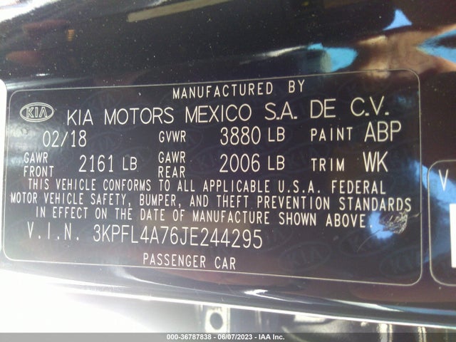 2018 KIA FORTE LX VIN: 3KPFL4A76JE244295