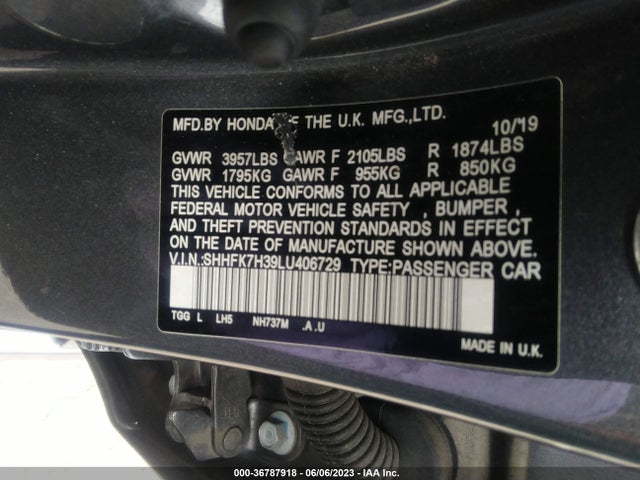 Honda Civic Hatchback Lx 2020 SHHFK7H39LU406729 Image 9