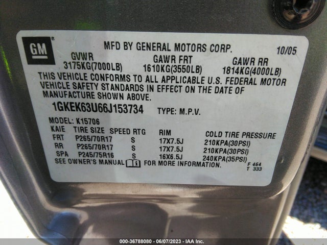 2006 GMC YUKON DENALI VIN: 1GKEK63U66J153734