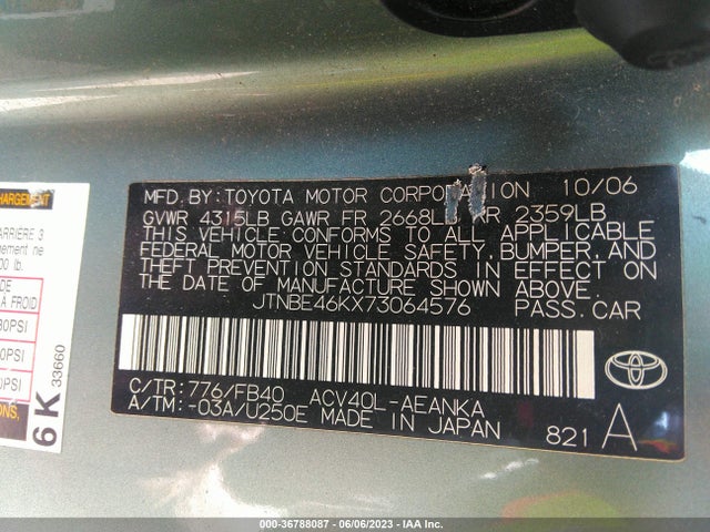 2007 TOYOTA CAMRY CE/LE/SE/XLE VIN: JTNBE46KX73064576