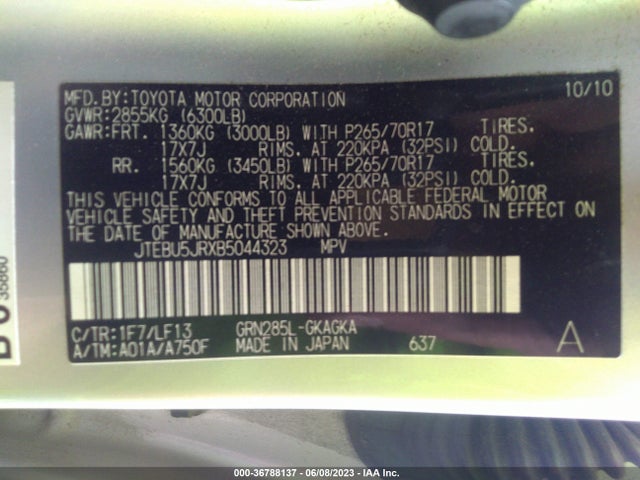 2011 TOYOTA 4RUNNER TRAIL/SR5/LIMITED VIN: JTEBU5JRXB5044323