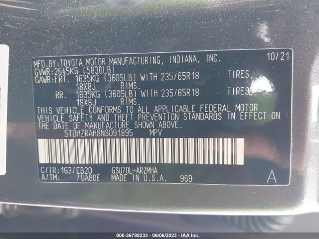Toyota Highlander Xle 2022 5TDHZRAH8NS091895 Image 9