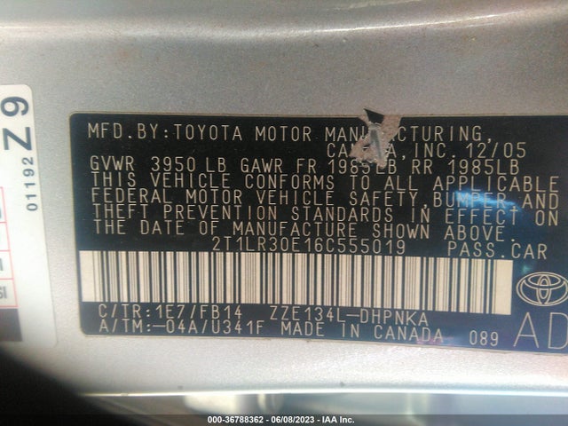 2006 TOYOTA MATRIX STD/XR VIN: 2T1LR30E16C555019
