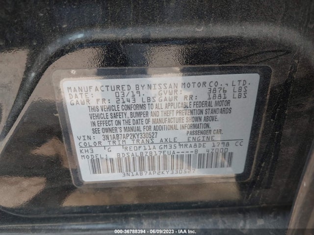 2019 NISSAN SENTRA S VIN: 3N1AB7AP2KY330527
