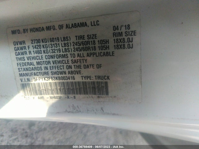 Honda Ridgeline Rtl-t 2019 5FPYK3F63KB003416 Image 9