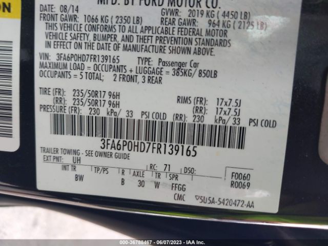 3FA6P0HD7FR139165 Ford FUSION SE