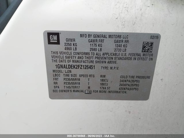 2015 CHEVROLET EQUINOX LTZ VIN: 1GNALDEK2FZ126451