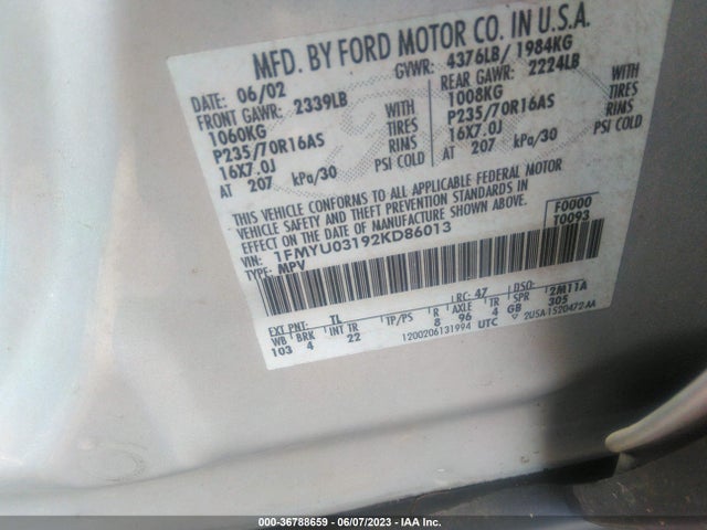 2002 FORD ESCAPE XLT VIN: 1FMYU03192KD86013