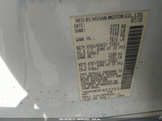 2010 NISSAN PATHFINDER SE VIN: 5N1AR1NB1AC627215