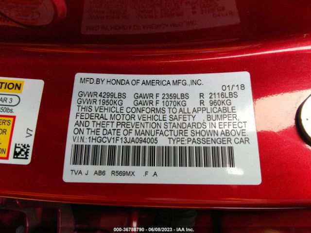 1HGCV1F13JA094005 Honda Accord Sedan Lx 1.5t