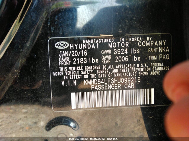2017 HYUNDAI ELANTRA SE VIN: KMHD84LF3HU099219
