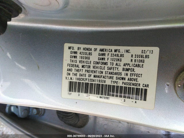 2013 HONDA ACCORD SDN LX VIN: 1HGCR2F32DA119508