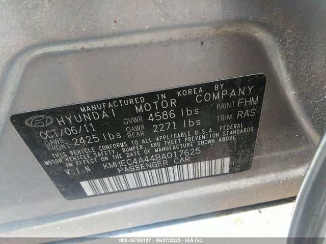 2011 HYUNDAI SONATA HYBRID VIN: KMHEC4A44BA017625