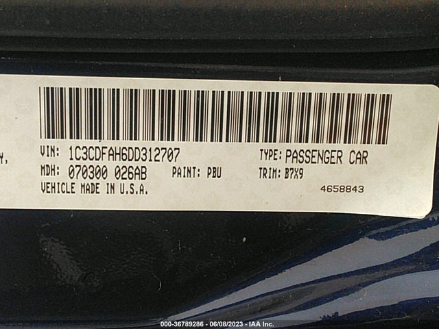 2013 DODGE DART AERO VIN: 1C3CDFAH6DD312707