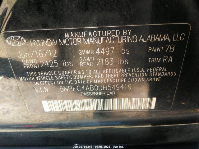 2013 HYUNDAI SONATA LIMITED VIN: 5NPEC4AB0DH549419