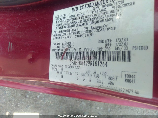 2009 FORD FUSION SEL VIN: 3FAHP08129R101264