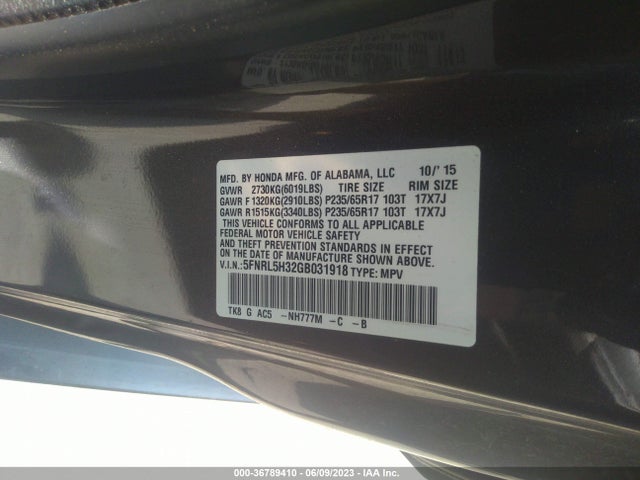 Honda ODYSSEY SE 2016 5FNRL5H32GB031918 Image 9