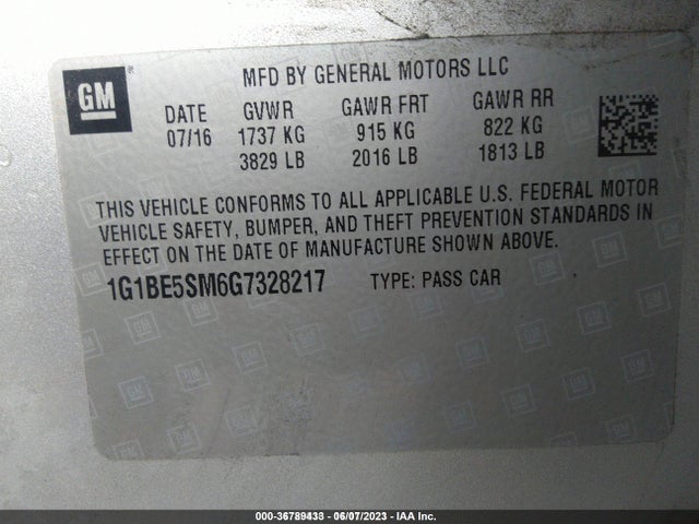 Chevrolet CRUZE LT 2016 1G1BE5SM6G7328217 Image 9