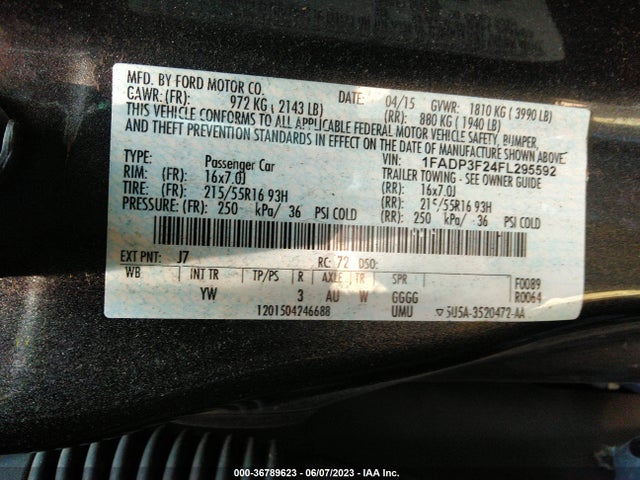 2015 FORD FOCUS SE VIN: 1FADP3F24FL295592