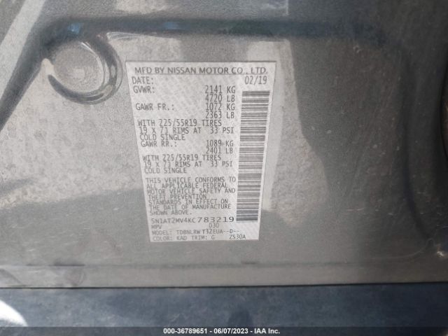 5N1AT2MV4KC783219 Nissan Rogue Sl
