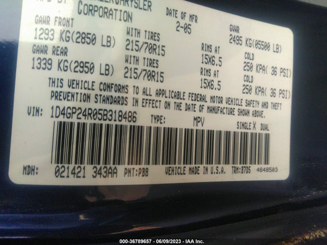 2005 DODGE GRAND CARAVAN SE VIN: 1D4GP24R05B318486