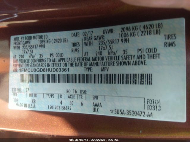 1FMCU0GD8HUD03361 Ford ESCAPE SE