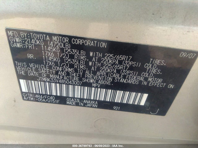 2008 TOYOTA RAV4 VIN: JTMBK33V485043007