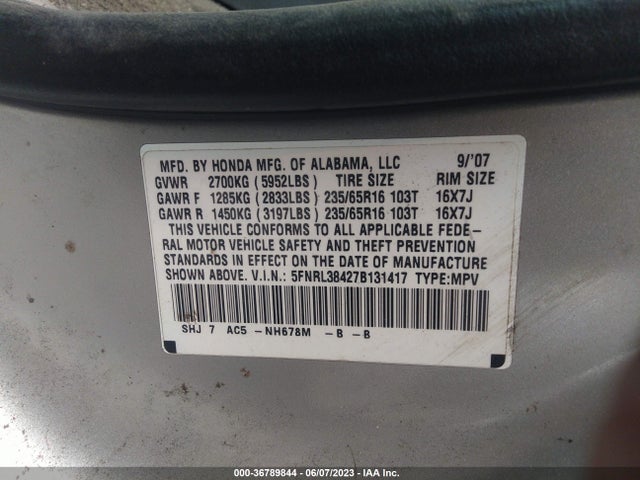 2007 HONDA ODYSSEY EX VIN: 5FNRL38427B131417