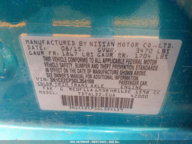 3N1CE2CP3GL354159 Nissan Versa Note S/s Plus/sv/sr/sl