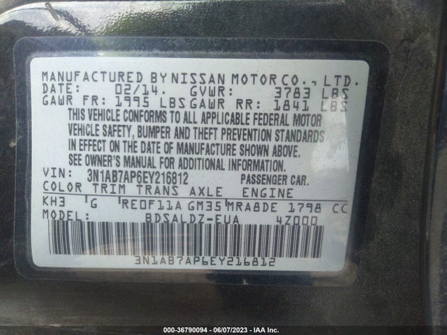 2014 NISSAN SENTRA SV VIN: 3N1AB7AP6EY216812