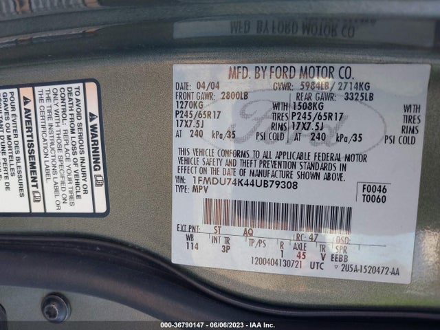 2004 FORD EXPLORER EDDIE BAUER VIN: 1FMDU74K44UB79308